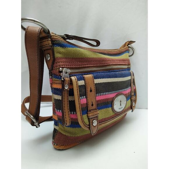 Fossil Maddox Multicolor Canvas Stripes Logo Pockets Zipper Crossbody Bag - Picture 3 of 14